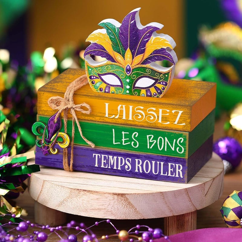 Anglechic 4 Pcs Mardi Gras Decorations for Home Mardi Gras Centerpieces Masquerade Masks Table Decorations Farmhouse Wooden Tabletop Blocks Sign for Rustic Tiered Tray Shelf Office Carnival - Image 2
